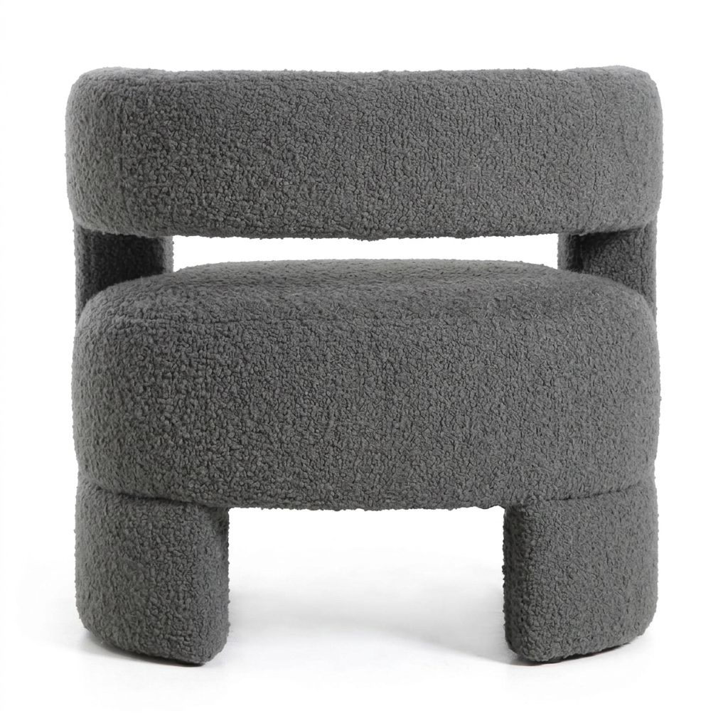 Elaris grey bouclé armchair, rear view on white