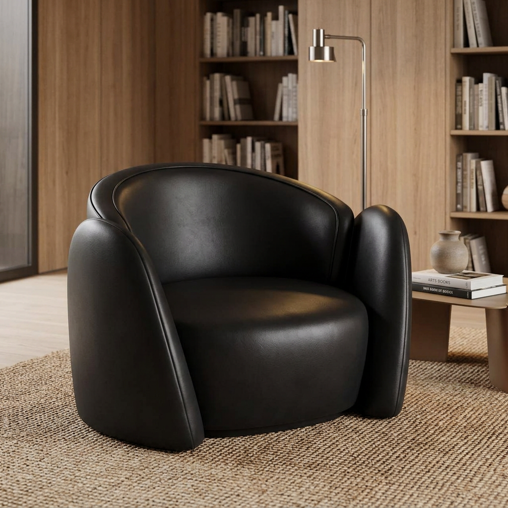 Varenne black faux leather armchair styled in a contemporary reading room