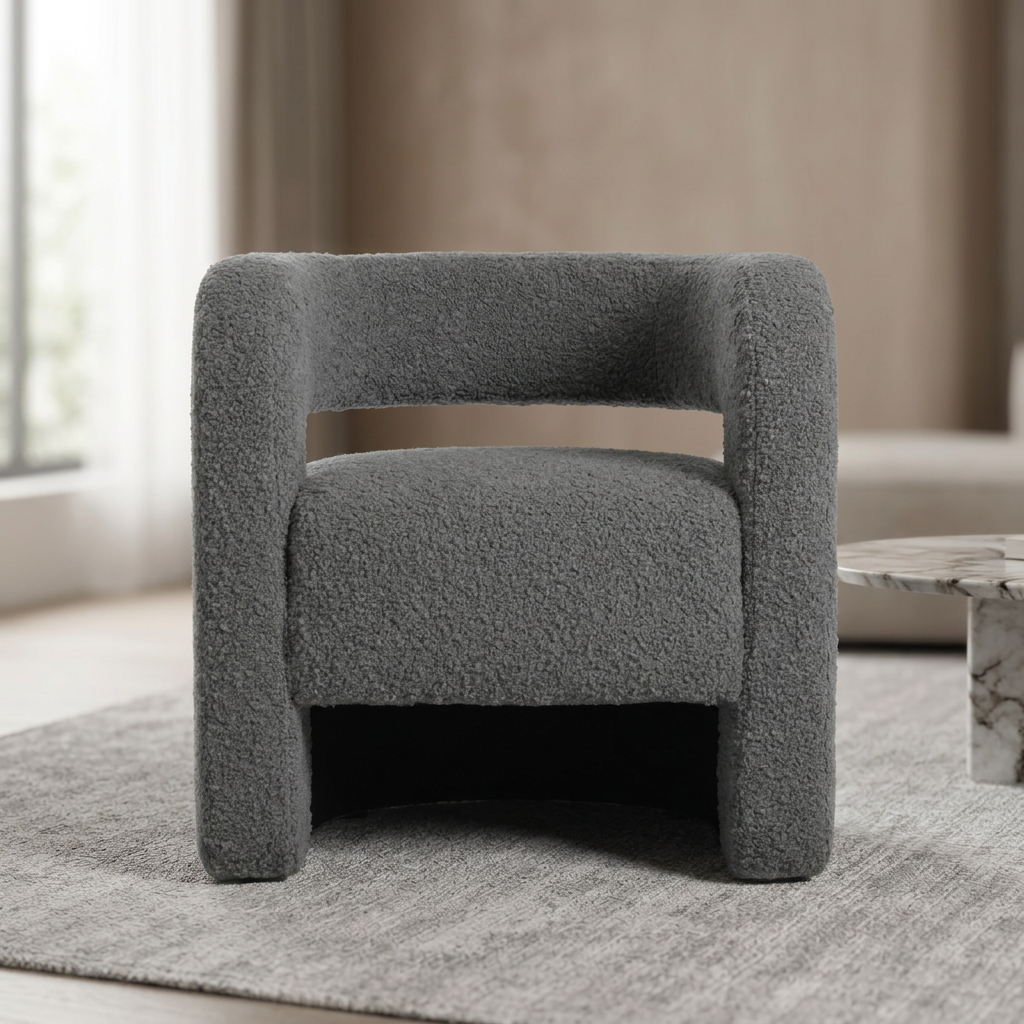 Elaris grey bouclé armchair, front view in a neutral living room