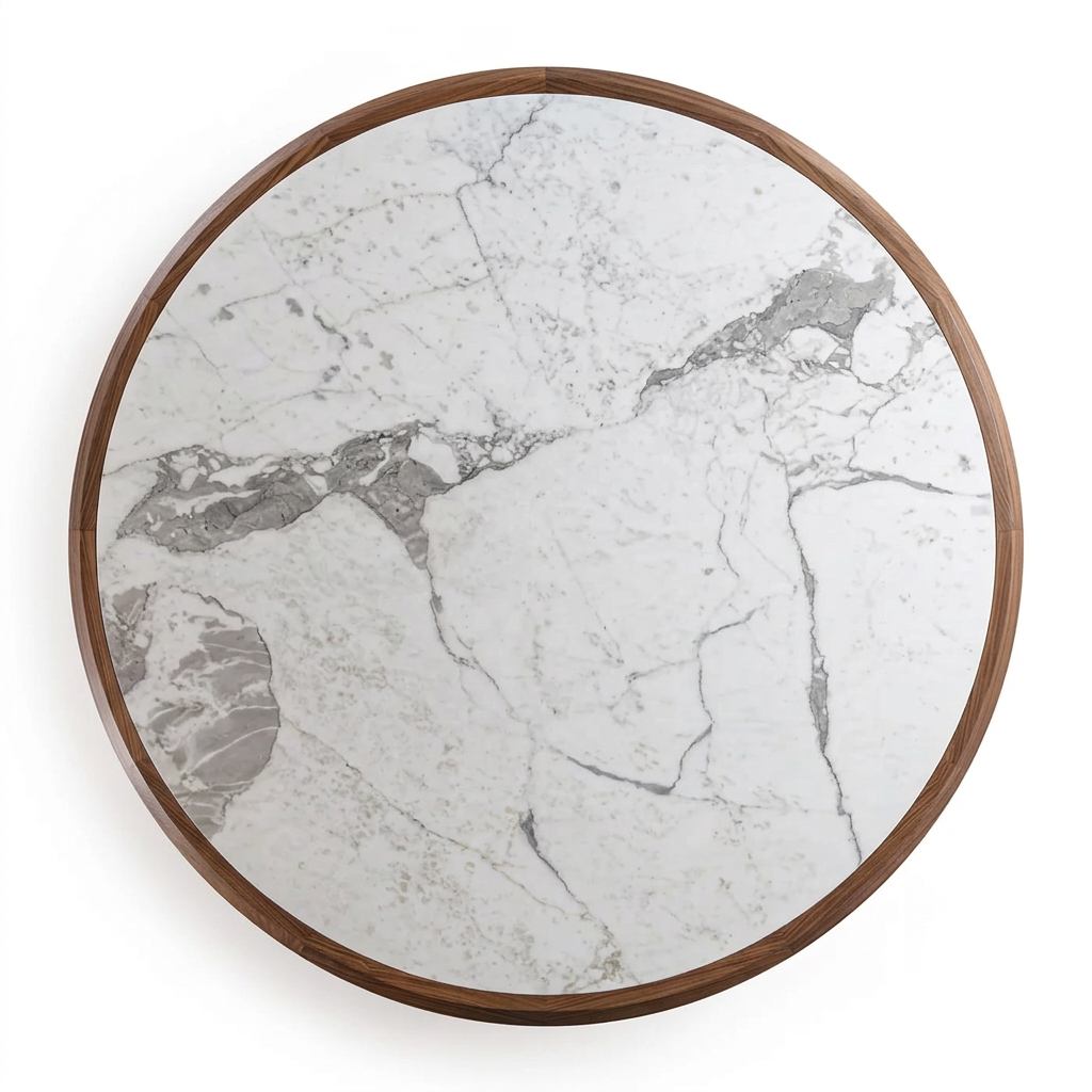 Overhead view of Valdora Carrara marble round tabletop with dark wood rim