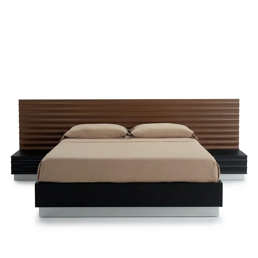 Riven bed with walnut-brown painted ridged headboard, front view