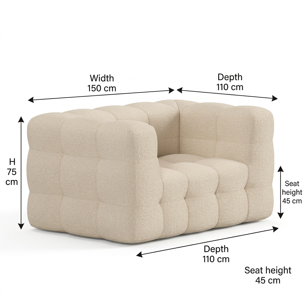 Osvira armchair dimensions: 150 cm wide, 110 cm deep, 75 cm high; seat height 45 cm
