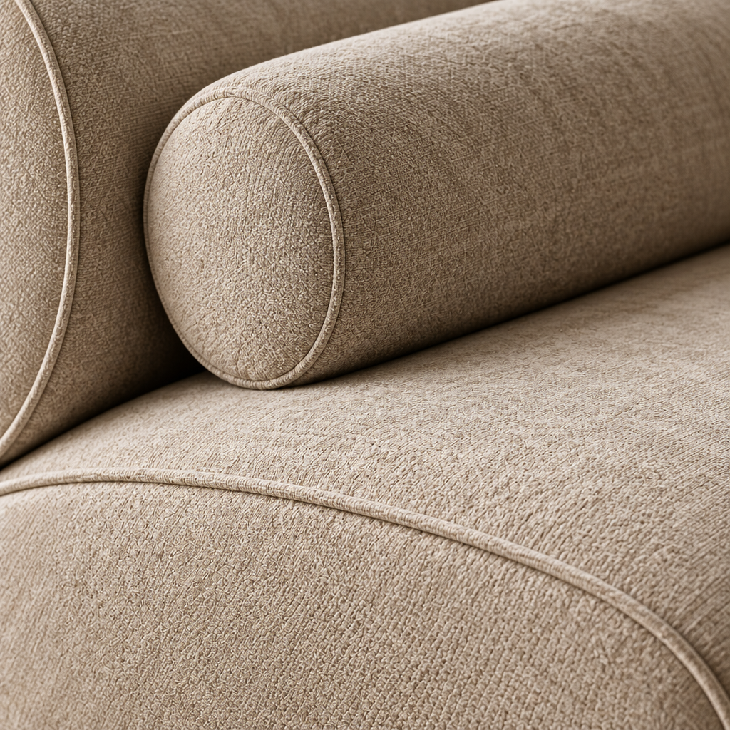 Close-up of Arcadia Sculptural Lounge Chair ivory upholstery texture and bolster seam