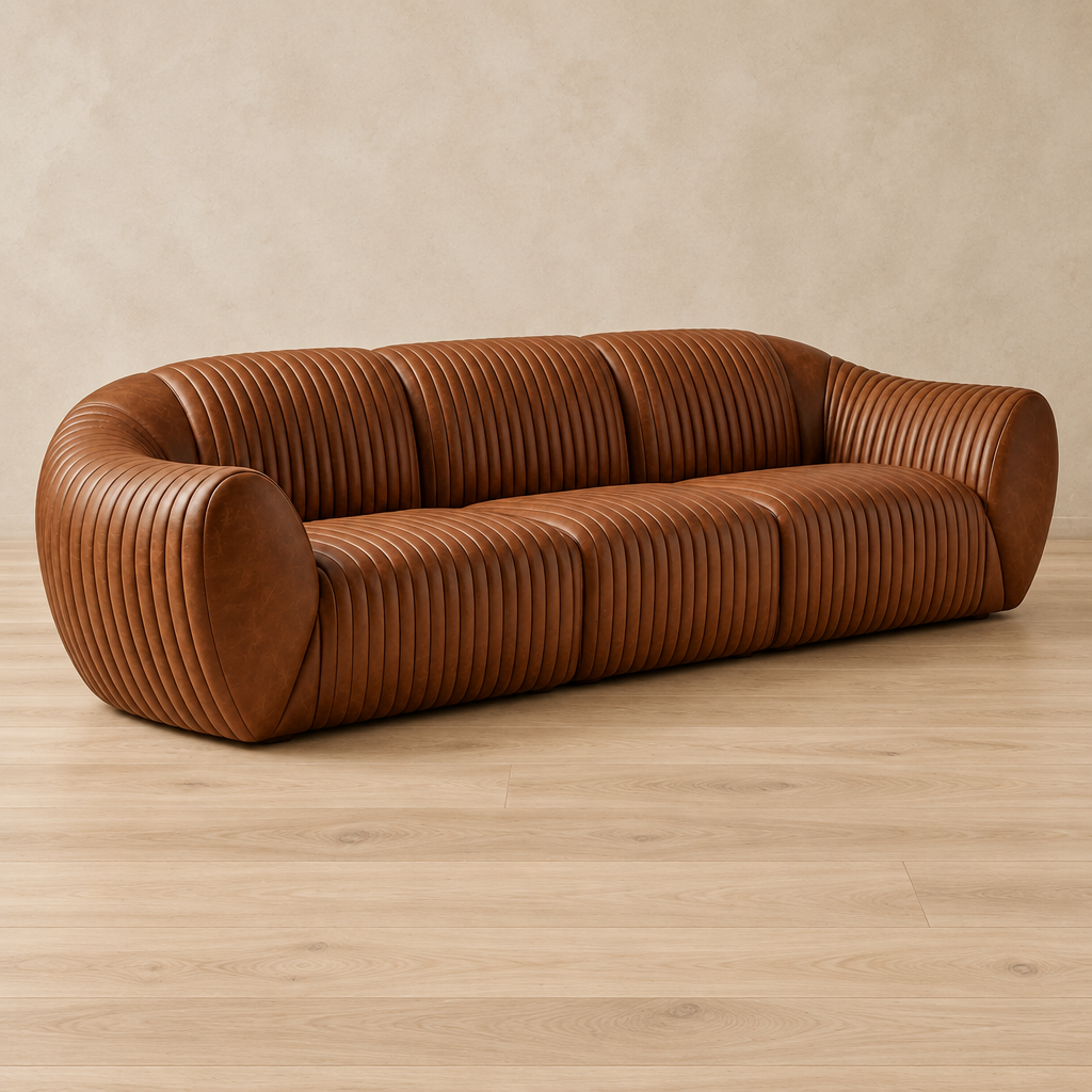 Rivo brown channelled leather sofa angled view