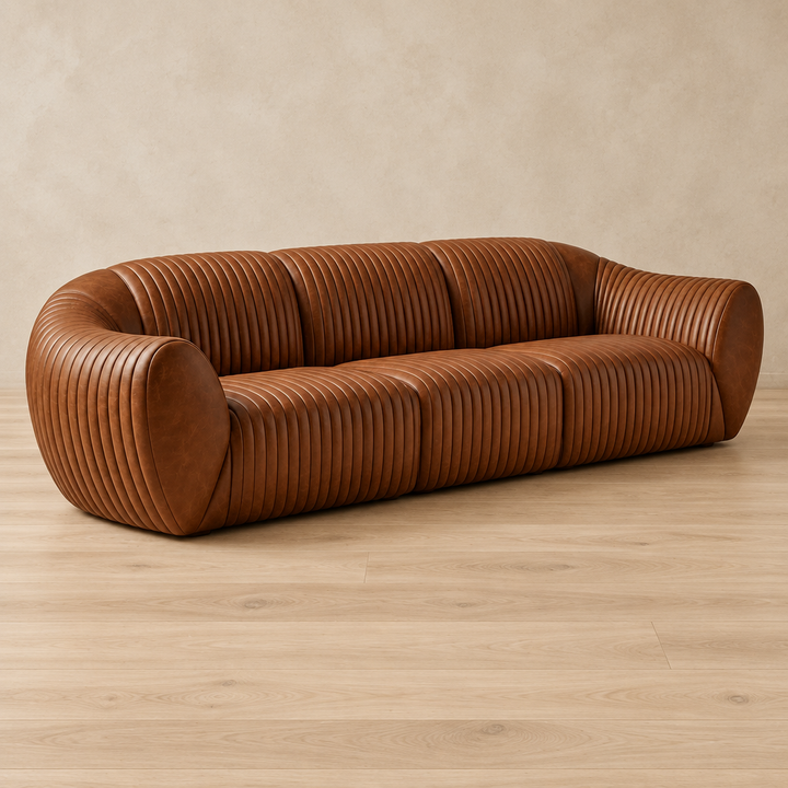 Rivo brown channelled leather sofa angled view