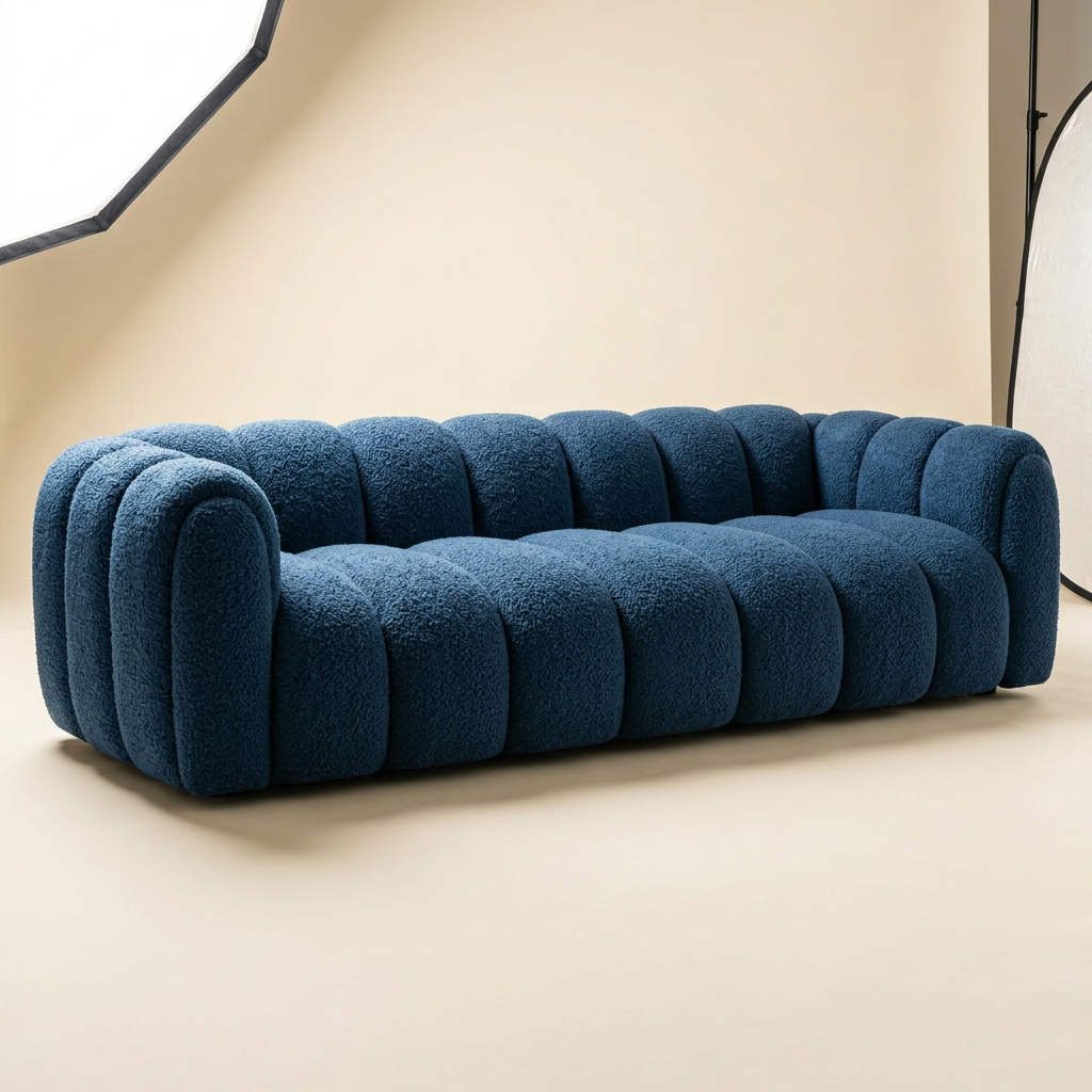 Sella channelled sofa in deep blue boucle