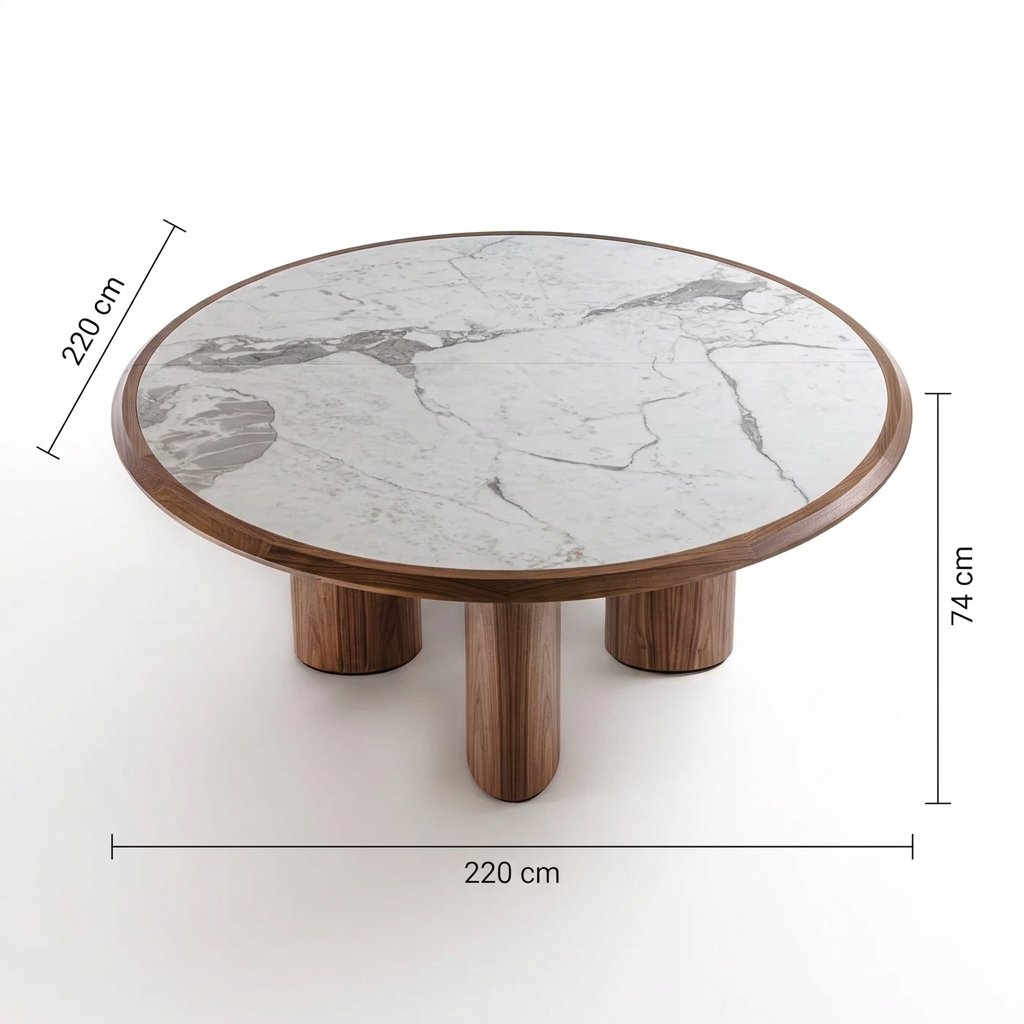 Valdora dining table dimensions: 220 cm wide, 220 cm deep and 74 cm high