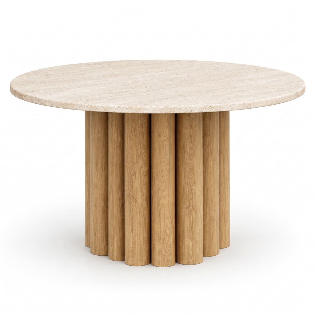 Elowen travertine dining table with light oak-toned fluted base, back view