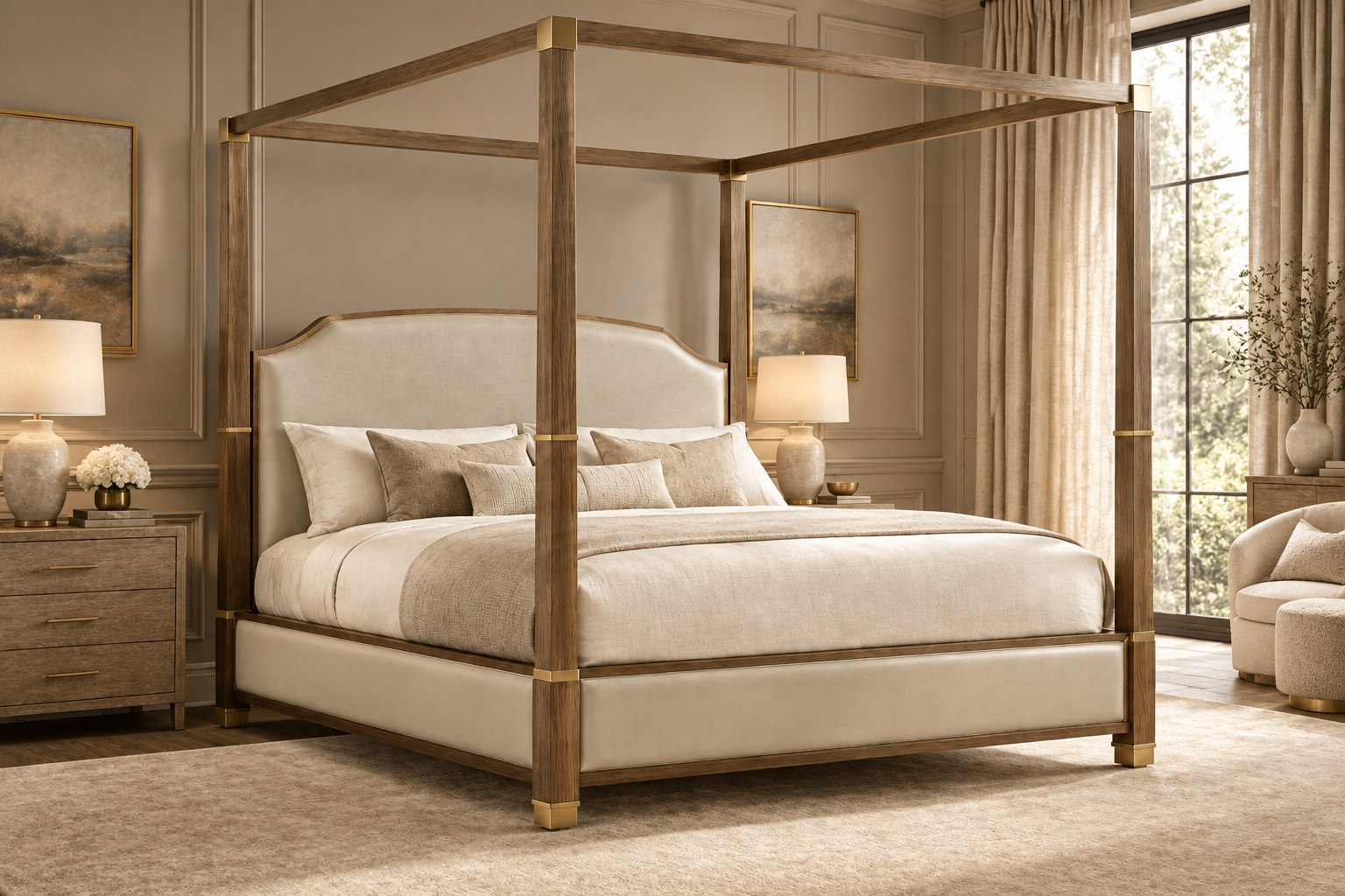 Beige-and-gold canopy bed staged in a softly lit luxury bedroom, shown from a three-quarter side angle