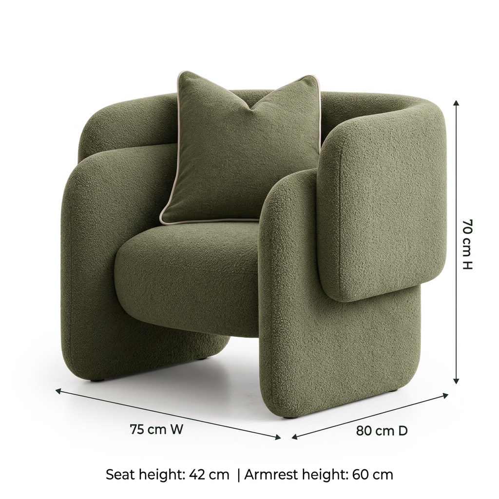 Riva dimensions 75 cm W × 80 cm D × 70 cm H, seat 42 cm, armrest 60 cm