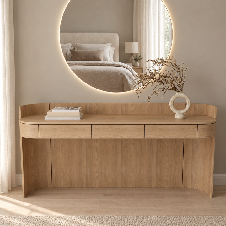 Calder curved wood vanity unit, front bedroom view; mirror not included