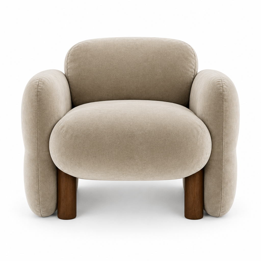 Soleil Rounded Velvet Arm Chair front view in oat on white