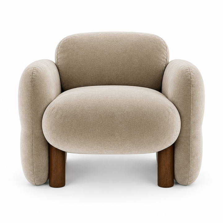 Soleil Rounded Velvet Arm Chair front view in oat on white