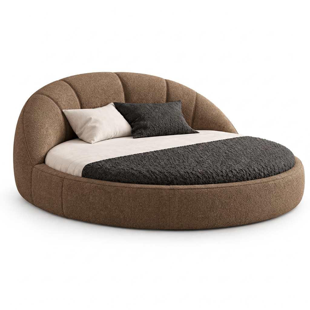 Elara round upholstered bed in brown boucle fabric, angled view