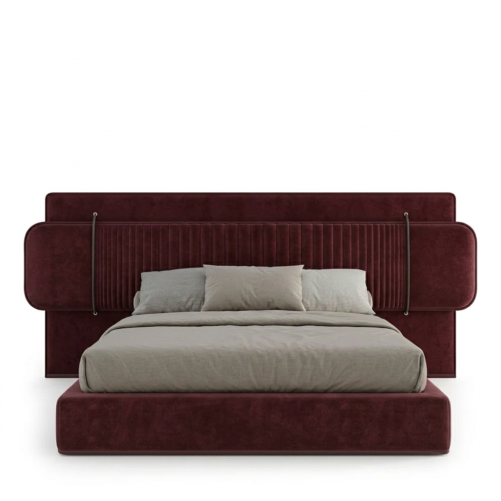 Tavia layered channel upholstered bed in dark-red fabric, front view
