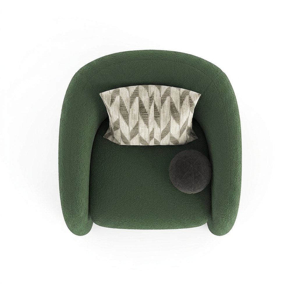 Verdelle dark green bouclé armchair, overhead view on white