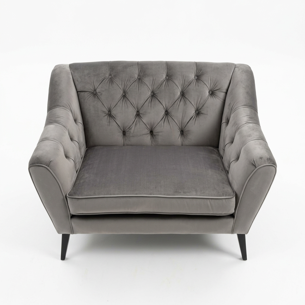 Corvelle grey velvet armchair, high-angle view on white