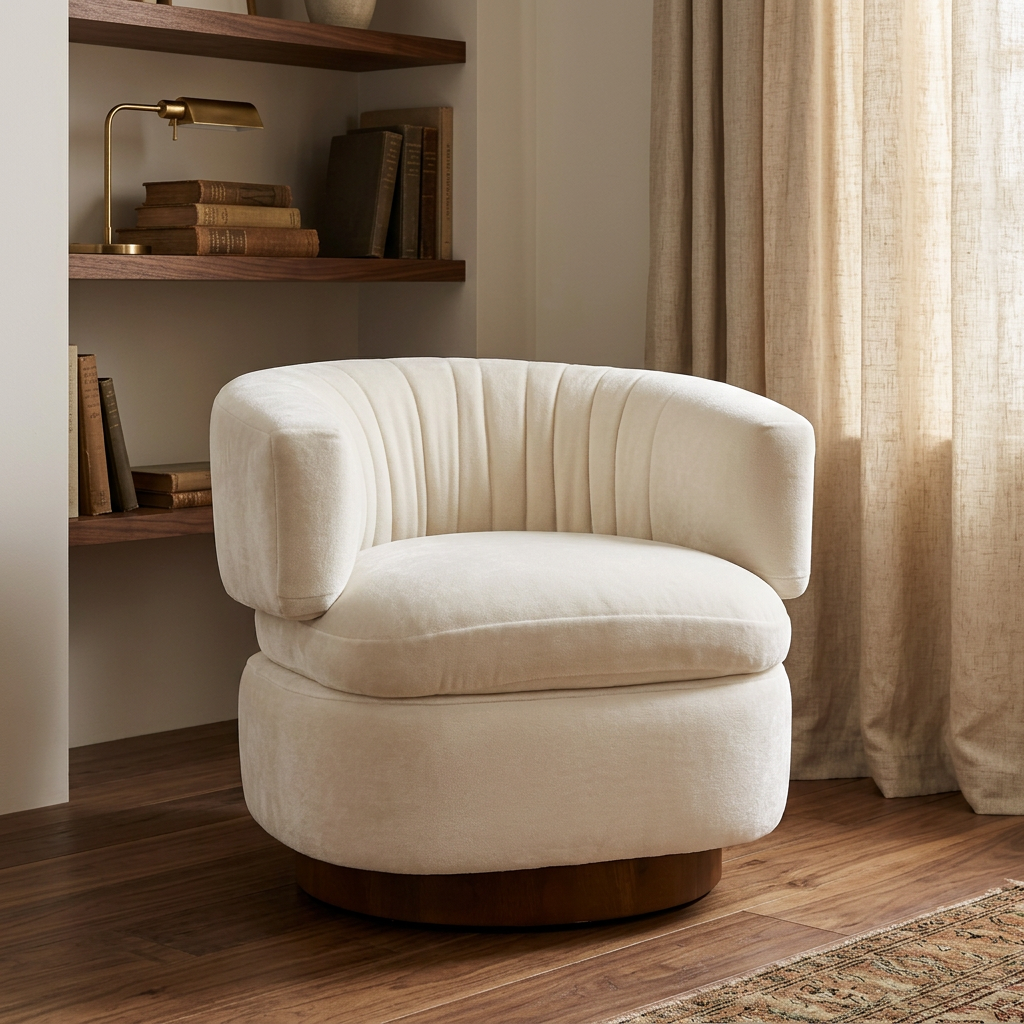 Avielle ivory velvet armchair in a warm reading corner