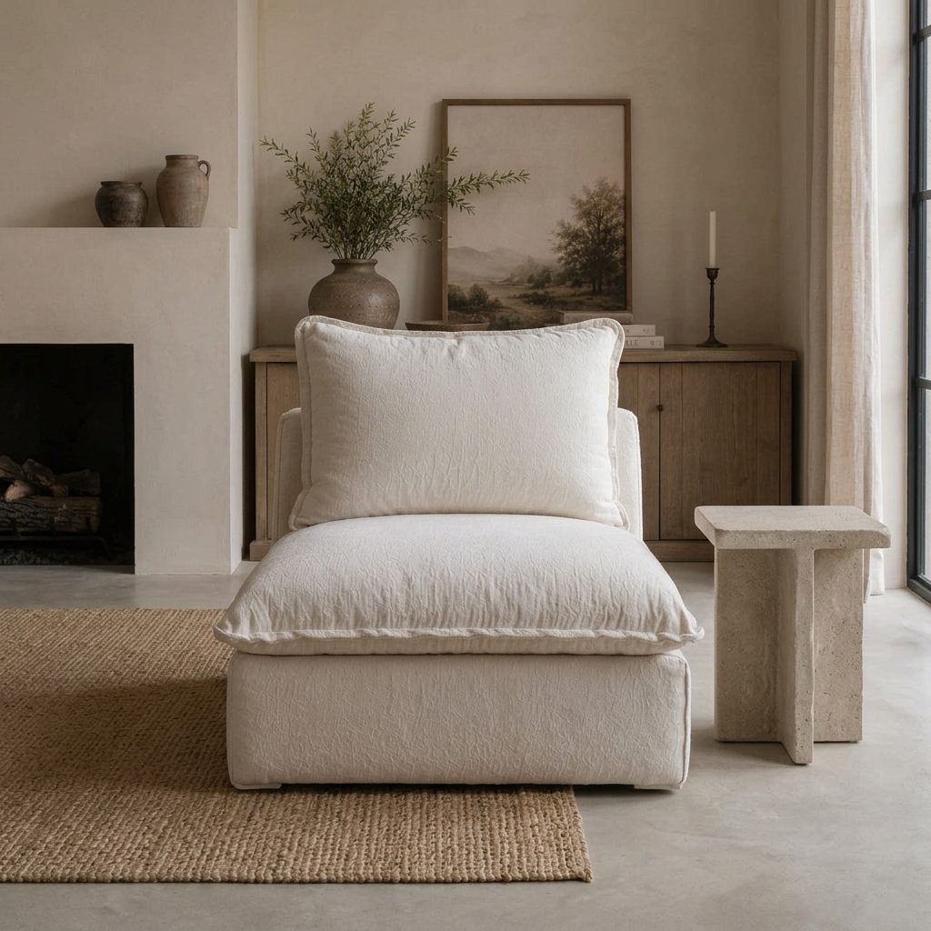 Selven ivory armless lounge chair in a contemporary reading nook