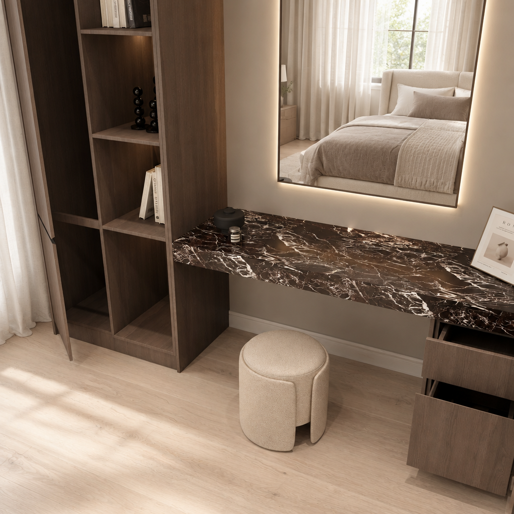 Sorella vanity unit with cupboard and drawers open, storage detail
