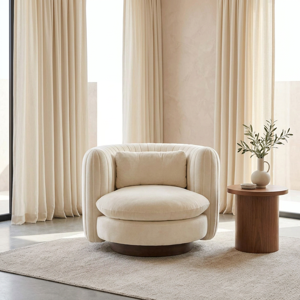 Solenne ivory channelled velvet armchair, front view in a bright living room