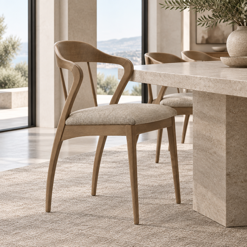 Aven wood dining chair styled in a luxury modern dining room