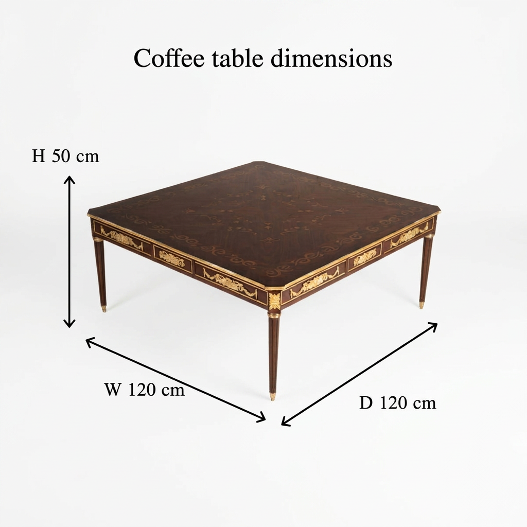 Coffee table dimensions: width 120 cm, depth 120 cm, height 50 cm