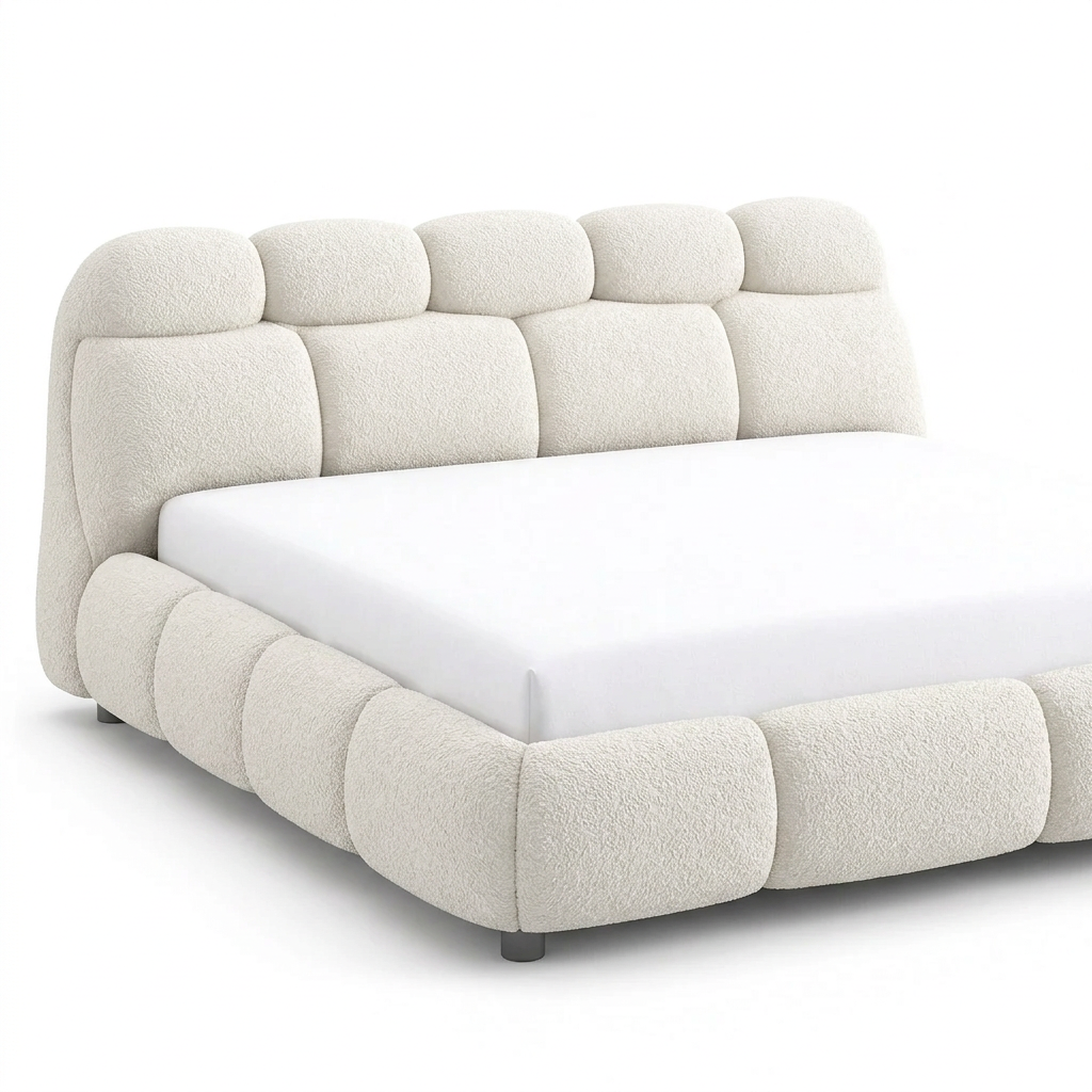 Nimbo cloud upholstered bed shown in off-white bouclé fabric