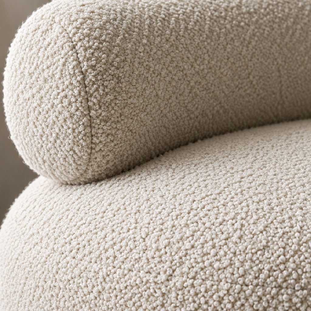 Close-up of ivory bouclé upholstery texture on Mira chair