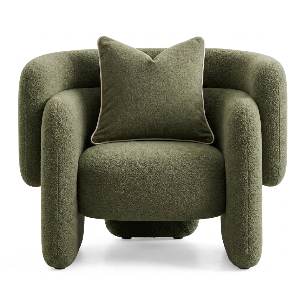 Riva olive green bouclé armchair front view on white