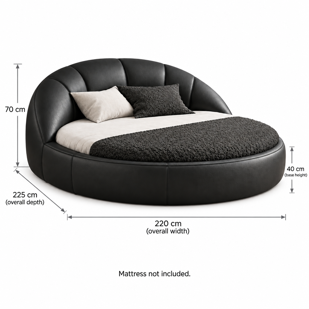 LORVÉ black PVC faux-leather round bed with dimension arrows: width 220 cm, depth 225 cm, headboard height 70 cm, base height 40 cm