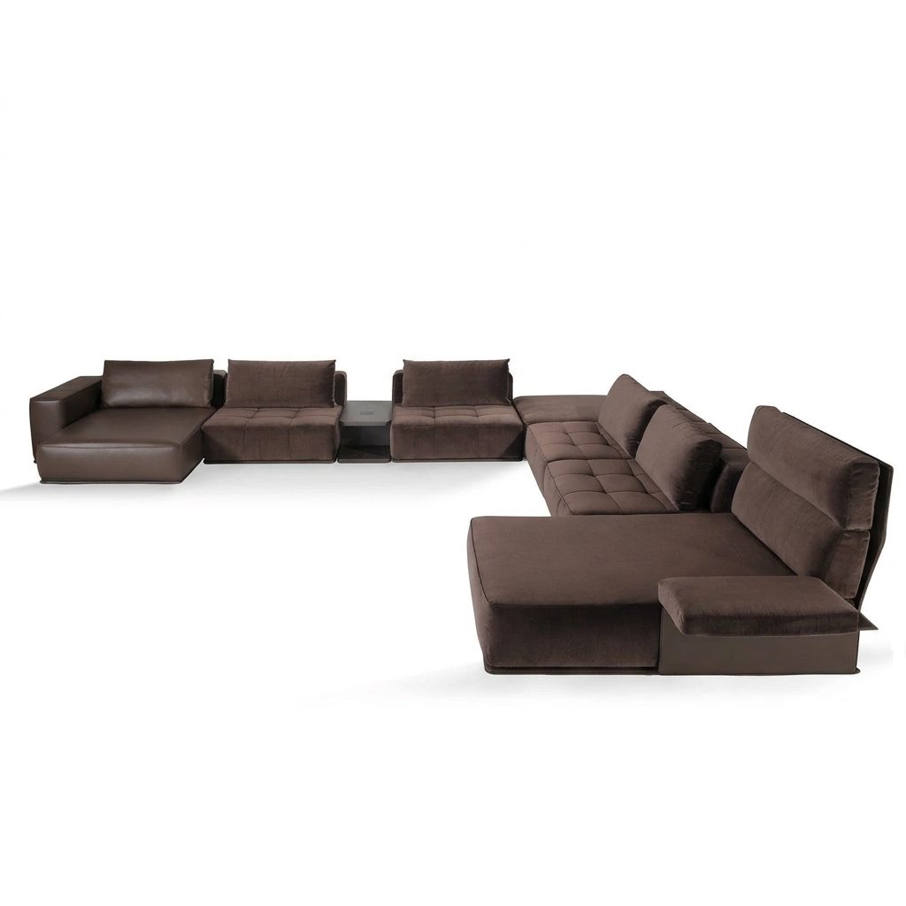 Avelis brown linen corner sectional sofa, front view on a white background