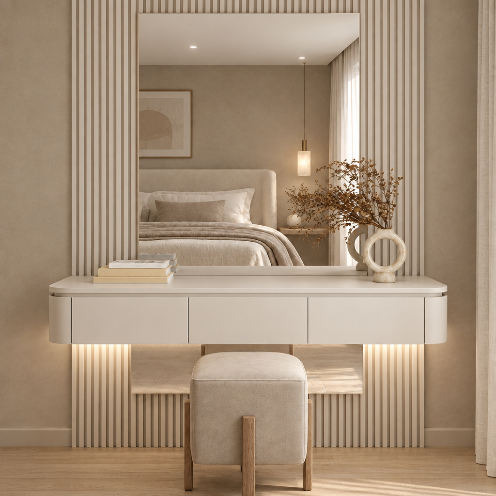 Clara Vanity Unit in a modern bedroom, closer front view showing mirror and three closed drawers