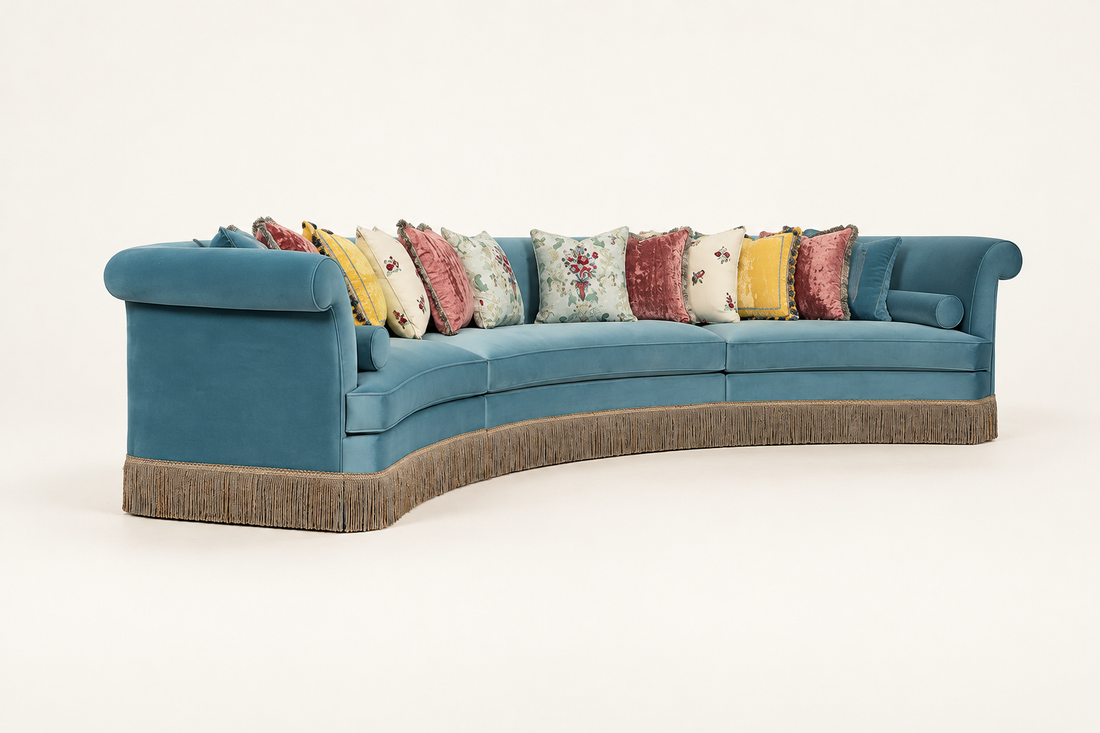 AI-created side view of Sultana curved blue sofa