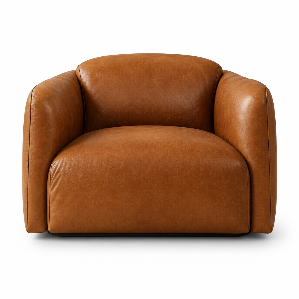Marin Rounded Leather Arm Chair front view in cognac on white