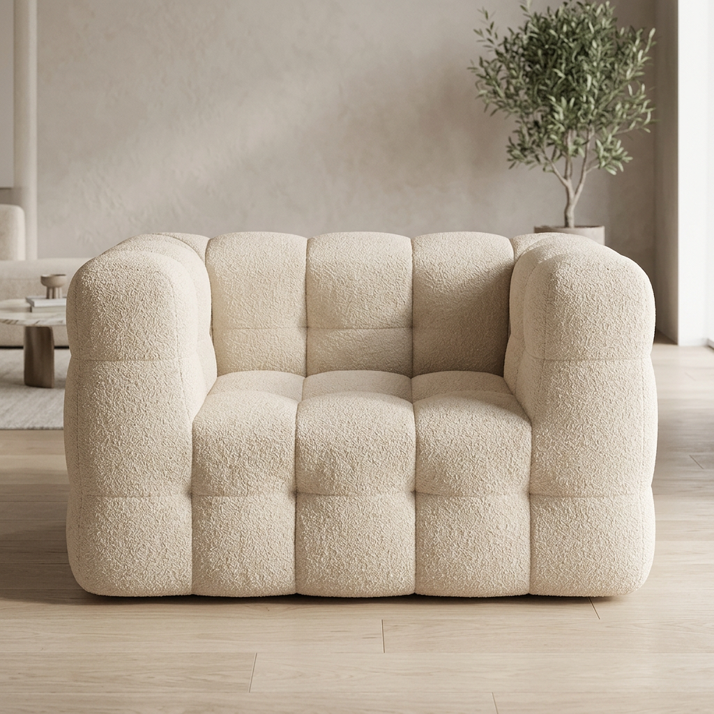 Osvira tufted beige bouclé armchair, front view in a neutral living room