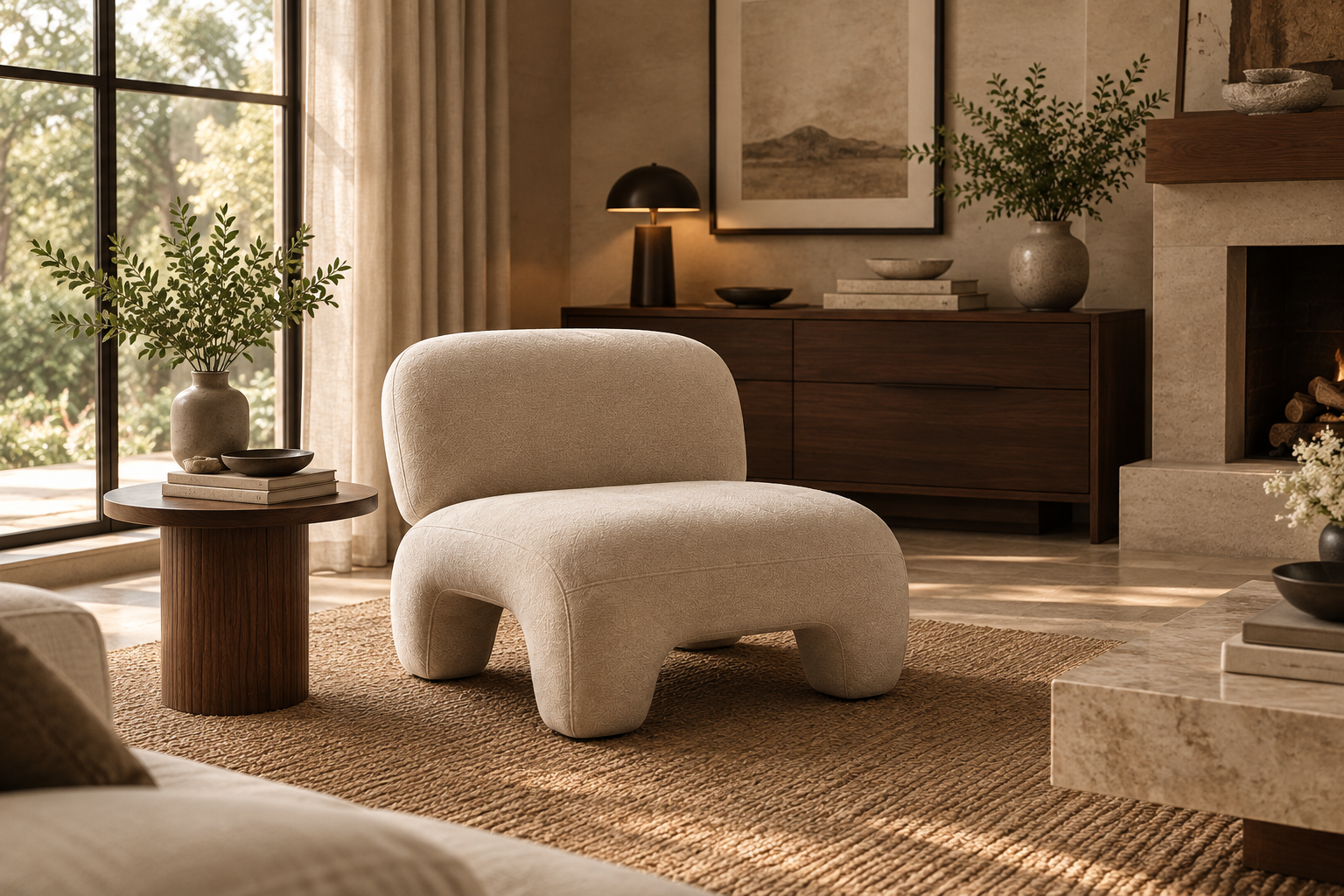 Forma Sculptural Upholstered Chair in an elegant living room