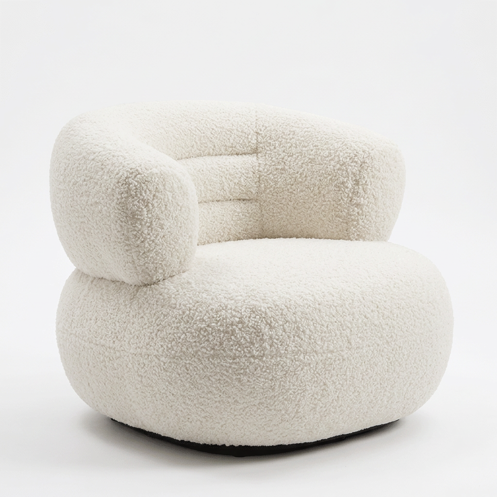 Mirelle ivory bouclé armchair, left three-quarter view on white