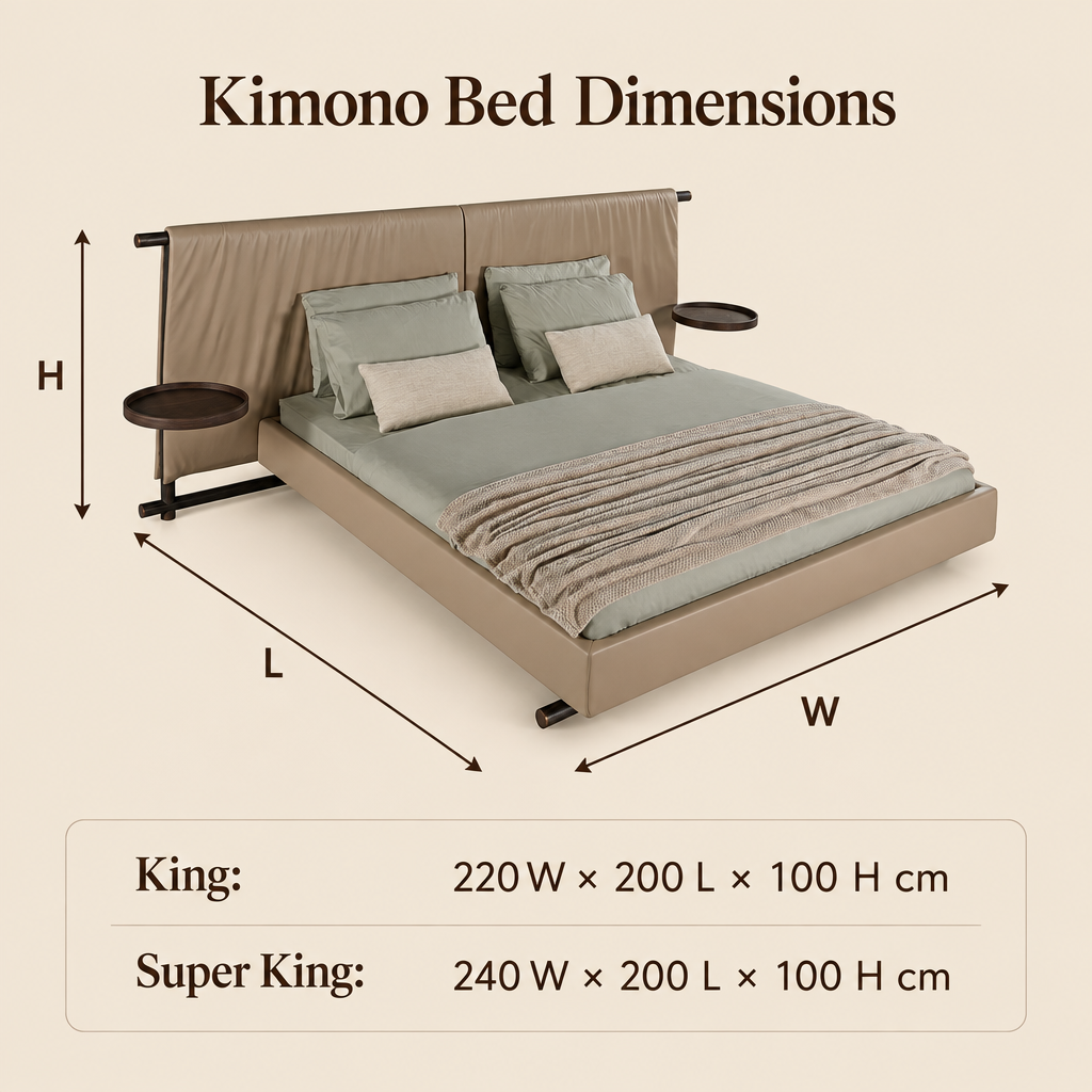 Kimono bed dimensions: King 220 W x 200 L x 100 H cm; Super King 240 W x 200 L x 100 H cm