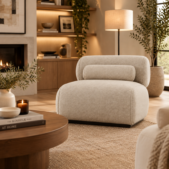 Arcadia Sculptural Lounge Chair straight-on front view in ivory on white