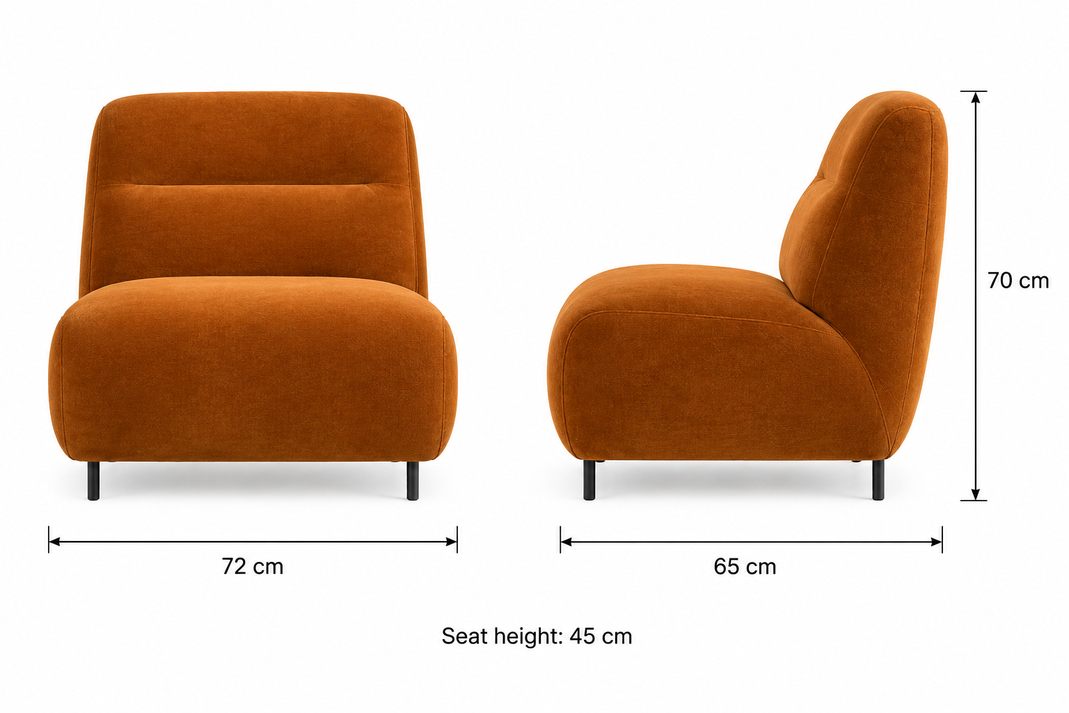 Ember Chenille Slipper Chair 72 cm wide, 65 cm deep, 70 cm overall height and 45 cm seat height