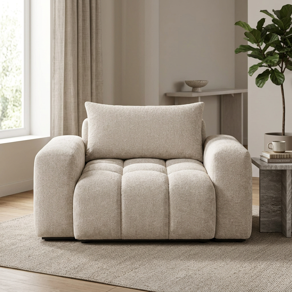 Calvero oat tufted chenille armchair front view in a contemporary living room