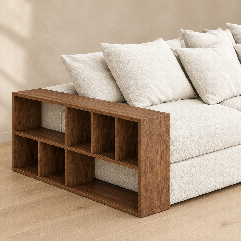 Close-up of Liora sofa walnut bookcase shelving and white cotton-blend cushions