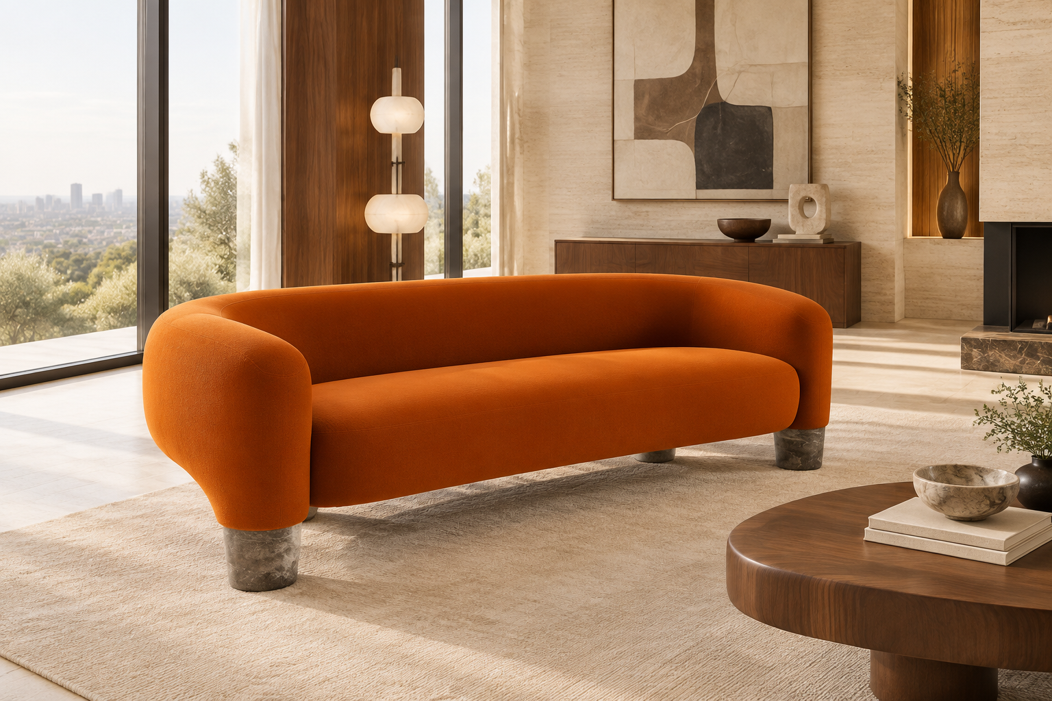 Oryn orange sofa in a luxury modern living room