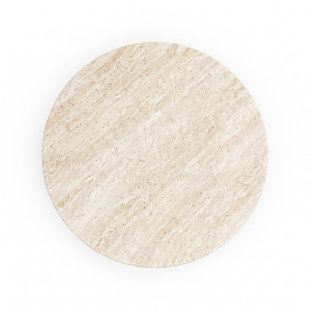 Elowen round travertine dining table, overhead top view