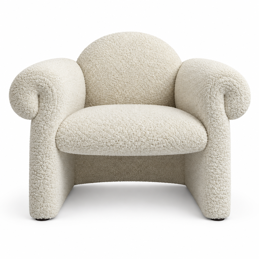 Winter Arm Chair front view on white, wide seat and rounded curved arms