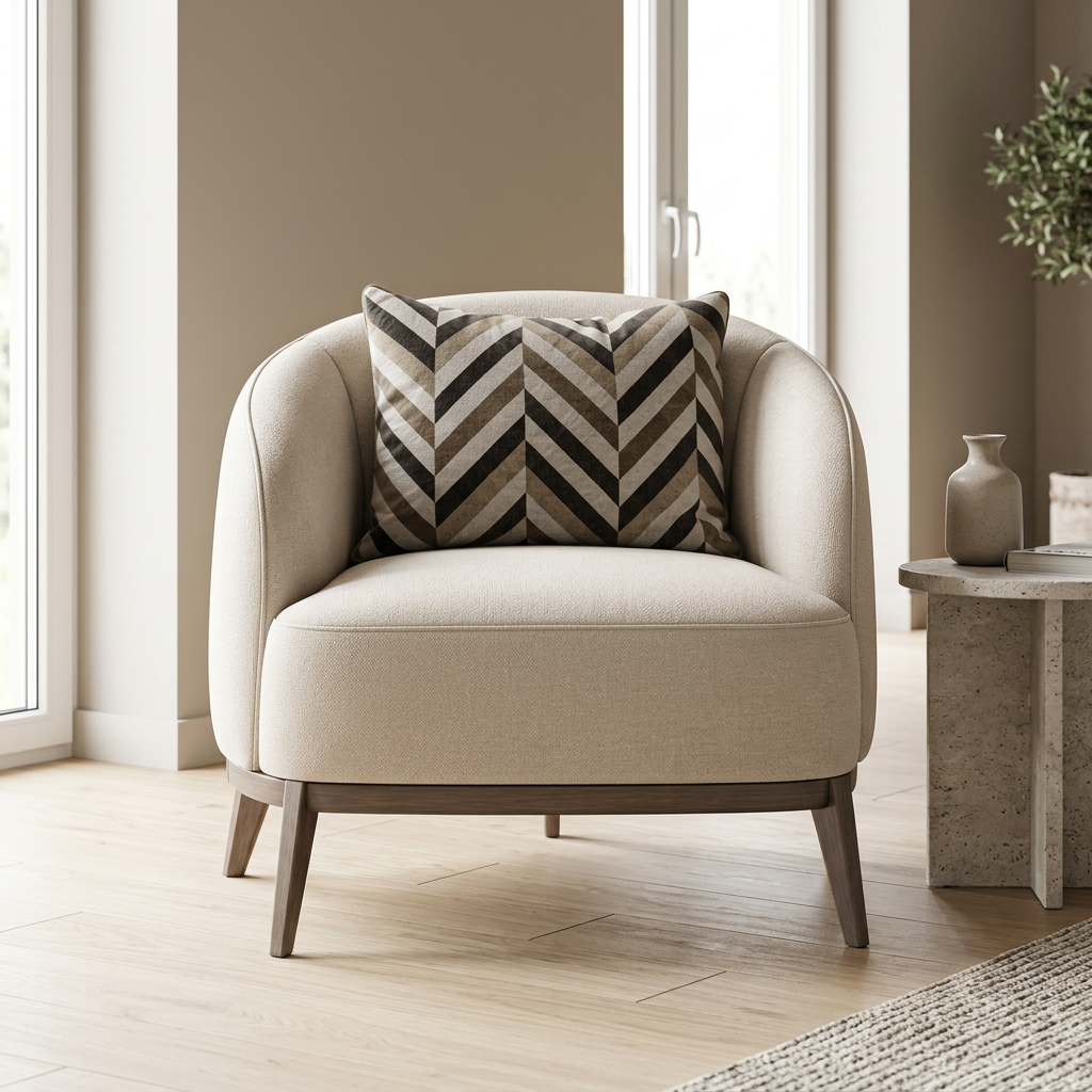 Arielle ivory wood-base armchair front view in a contemporary room