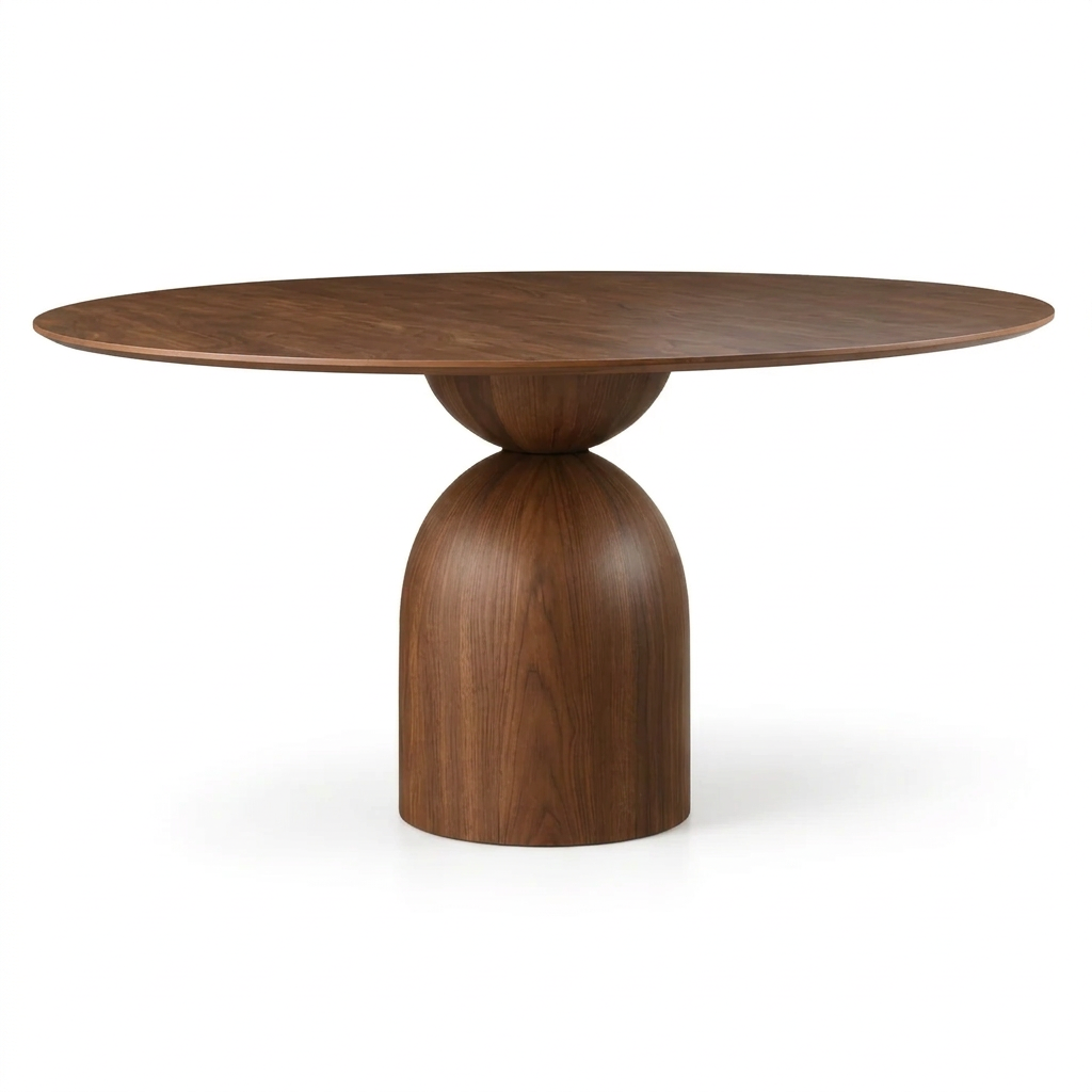Avelis round walnut dining table, left-side view on white background