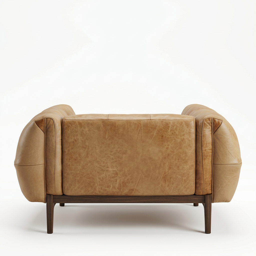 AI-reconstructed rear view of Renwick tan upholstered armchair on white