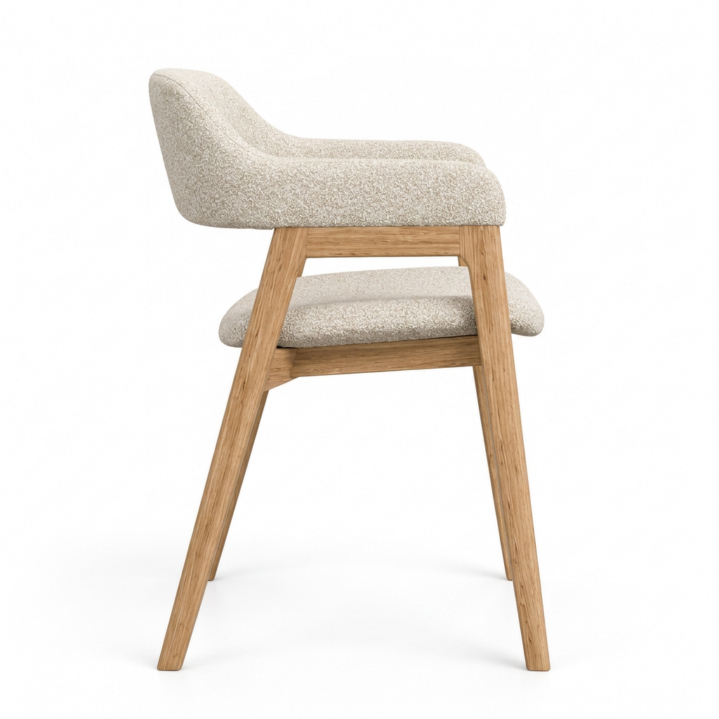 Elaris oat boucle and oak dining chair, right view on white